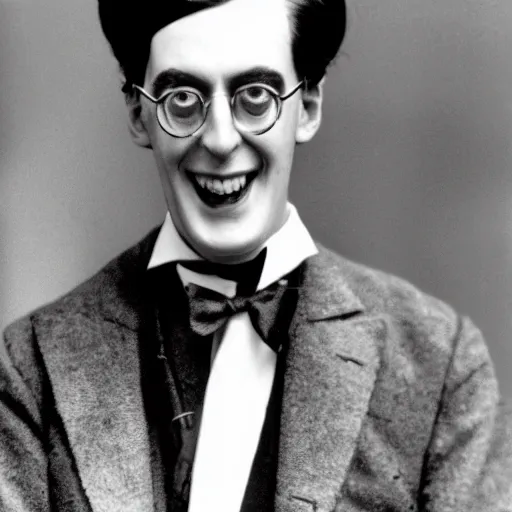 Prompt: a black and white photo of jacob rees - mogg as the childcatcher, chitty chitty bang bang