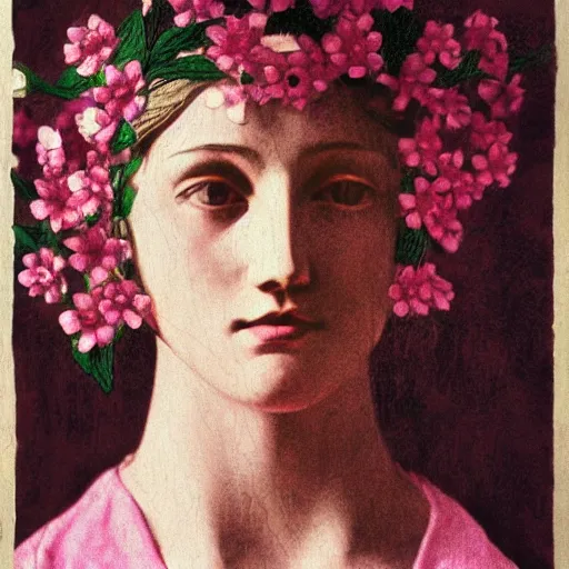 Image similar to close - up of a girl morphing in flowers, film still by wes anderson, depicted by leon battista alberti, limited color palette, very intricate, art nouveau, highly detailed, lights by hopper, soft pastel colors, minimalist