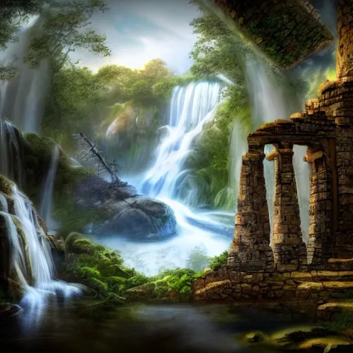 Prompt: ancient ruins and waterfalls, digital art,trending on art station