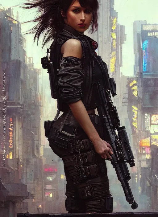 Image similar to 💃🏻. cyberpunk mercenary in a military vest ( blade runner 2 0 4 9, cyberpunk 2 0 7 7 ). orientalist portrait by john william waterhouse and james gurney and theodore ralli and nasreddine dinet, oil on canvas. cinematic, hyper realism, realistic proportions, dramatic lighting, high detail 4 k