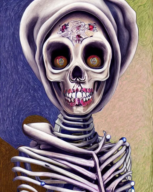 Prompt: a surrealistic head and shoulder painting of a gorgeous female skeleton with cat eyeballs and lipstick and hoodie, in the style of lucian freud, digital art, detailed masterpiece