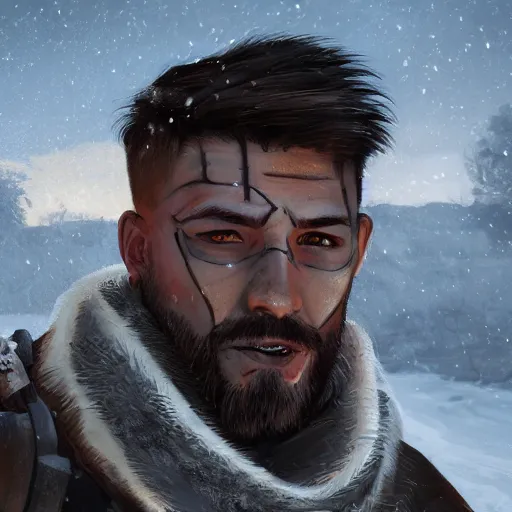 Image similar to A comic book style portrait painting of a male modern warrior in a a post apocalyptic winter landscape, unreal 5, DAZ, hyperrealistic, octane render, RPG portrait, ambient light, dynamic lighting