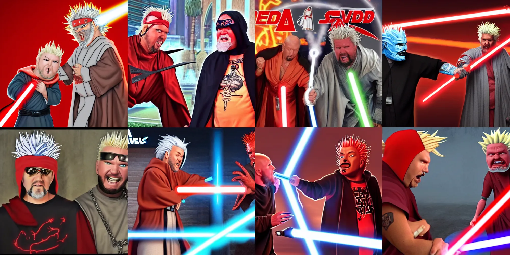 Prompt: Jedi Fred Durst and Sith Lord Guy Fieri fighting the forces of evil hyper realistic 8k cinematic