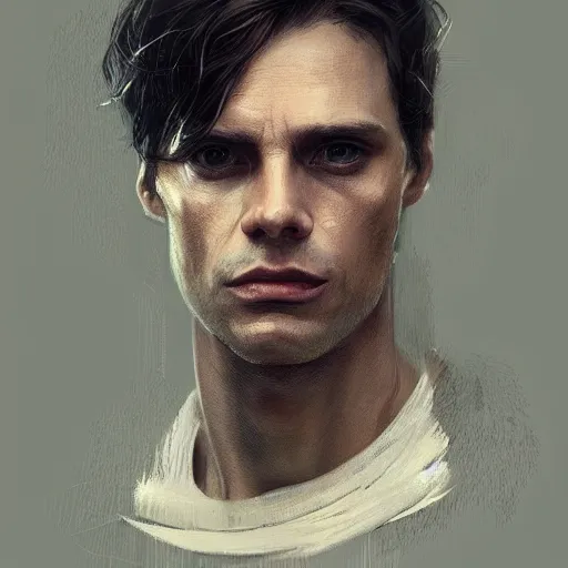 Prompt: portrait of a man by Greg Rutkowski, who looks like a mixture between Cillian Murphy and Sebastian Stan wearing beige sweater, scifi, highly detailed portrait, digital painting, artstation, concept art, smooth, sharp foccus ilustration, Artstation HQ.