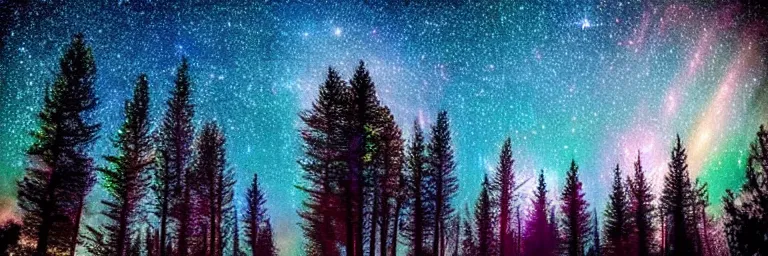 Image similar to beautiful trees, colorful stars and galaxies, trending on artstation, hd photography