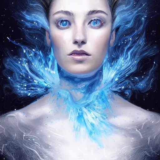 Image similar to masterpiece portrait of an aesthetic elegant mage woman, ice spell, 3 0 years old woman, soft face, black dynamic hair, wearing silver diadem with blue gems inlays, silver necklace, painting by joachim bergauer and magali villeneuve, atmospheric effects, chaotic blue sparks dynamics in the background, intricate, artstation, instagram, fantasy