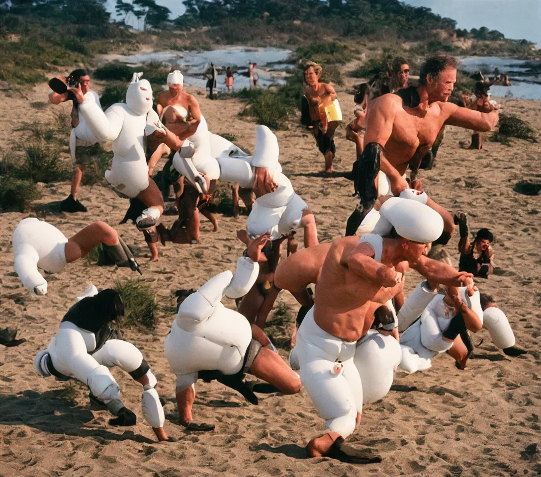 Image similar to a 3 5 mm photography, kodachrome colour of clint eastwood fighting with white michelin man costume, hippos and alien plants around, beach and sunset backlight, photos taken by martin parr with strong flash on camera