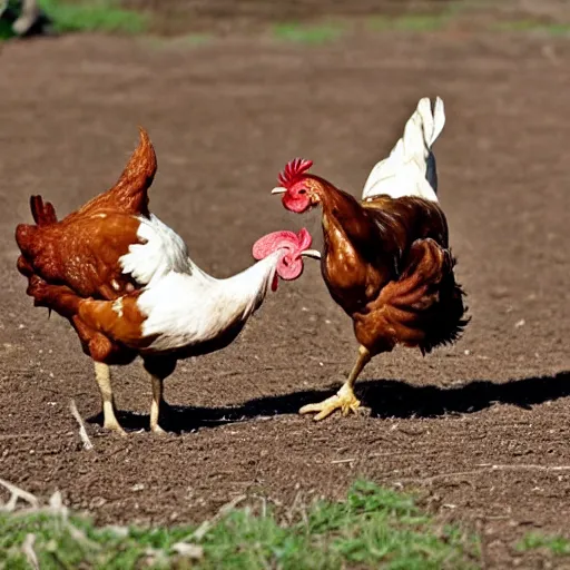 Prompt: two chickens fighting over a worm