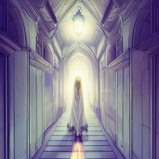 Image similar to angelic girl in intricate clothing walking a cathedralic hallway at night, wlop, ilya kuvshinov, artgerm, krenz cushart, greg rutkowski, sana takeda