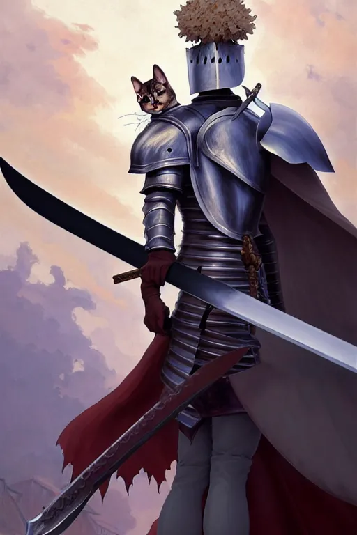 Prompt: a full body of the knight with a cat on his head holding berserk's great sword, finely detailed features, closeup at the faces, perfect art, gapmoe yandere grimdark, trending on pixiv fanbox, painted by miura kentaro greg rutkowski makoto shinkai takashi takeuchi studio ghibli, akihiko yoshida