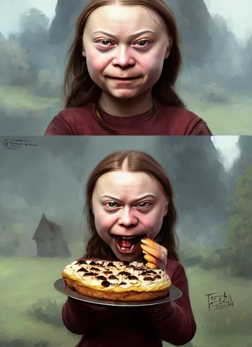 Prompt: portrait of greta thunberg as a medieval goblin eating cakes, beautiful face, hyper realistic, highly detailed, digital painting, artstation, illustration, concept art by hyung tae and frank frazetta, digital paint, matte paint, washed colors, dark, gloomy