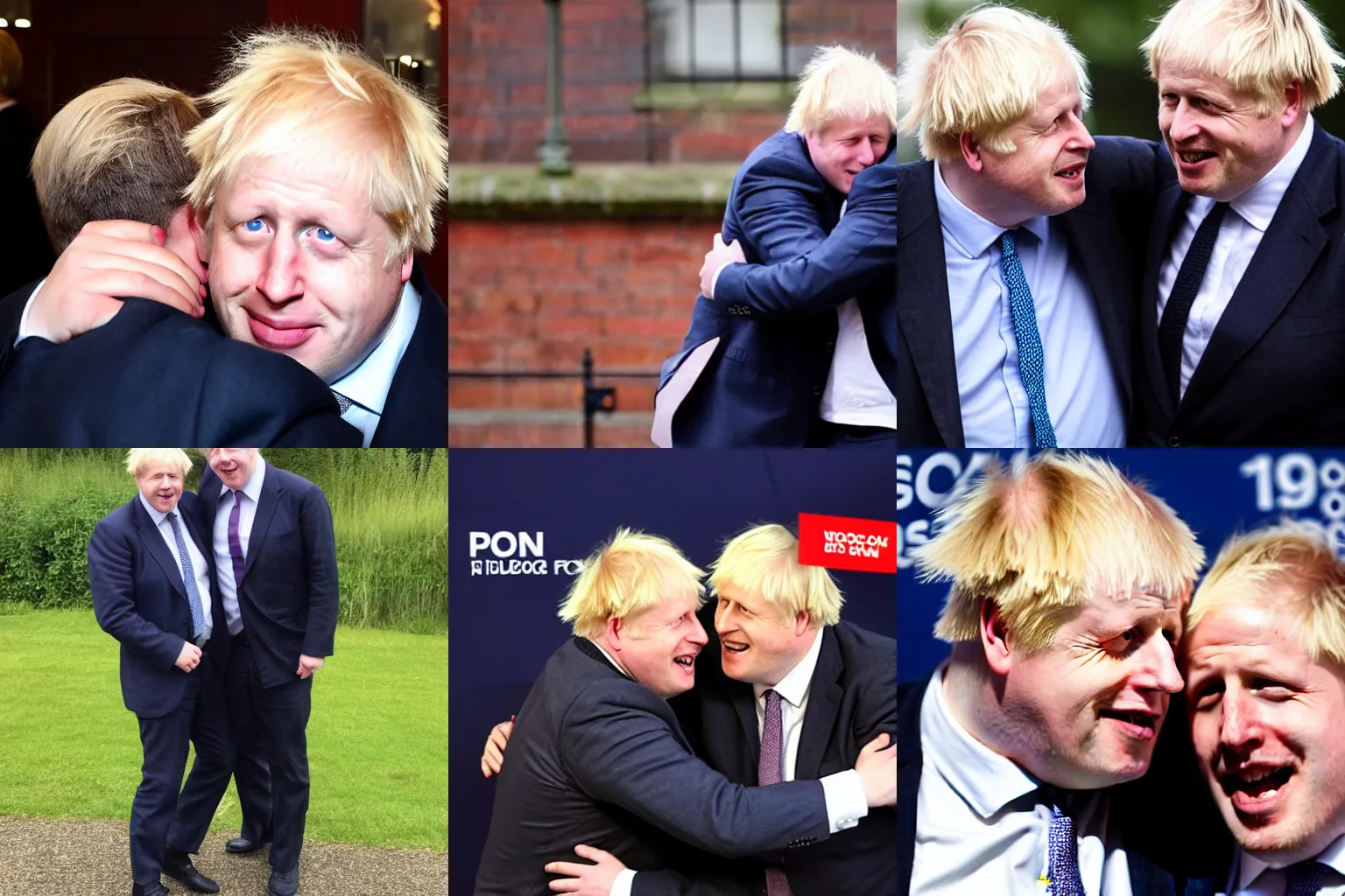 Prompt: photo of Boris Johnson hugging his twin Boris Johnson and smiling
