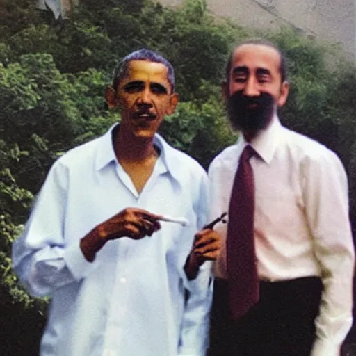 Prompt: a photo of obama and bin laden smoking a cigarette