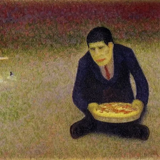 Image similar to a dying mexican man clinging to a cheesecake, oil painting, by georges seurat