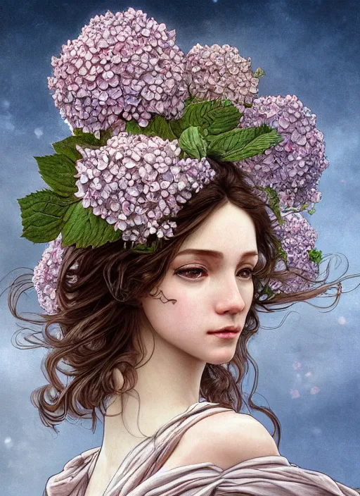 Image similar to realistic photographic perfect portrait of a anthropomorphic hydrangea blossom, fantasy, wind blowing hair, intricate, elegant, highly detailed, digital painting, artstation, concept art, smooth, super sharp focus, illustration, art by artgerm and h r giger and alphonse mucha