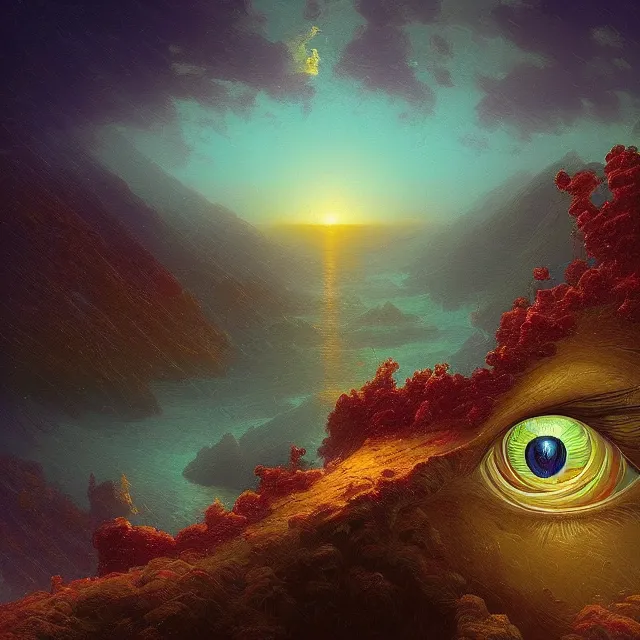 Prompt: a closeup view of the beautiful human eye, iris of the human eye, iris turning into landscapes, fantasy landscape, colorful, sharp and focus, ultra detailed, beautifully lit landscape, astrophotography, in the art style of dan mumford, ivan aivazovsky and marc simonetti