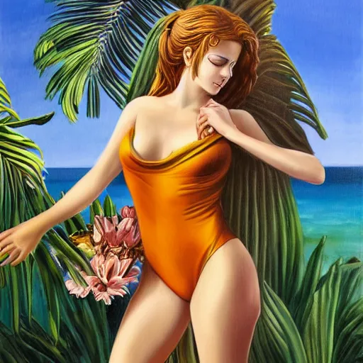 Prompt: Aphrodite in a one piece swimsuit, leaning against a palm tree, holding hands with Hades, oil painting, realistic, detailed,