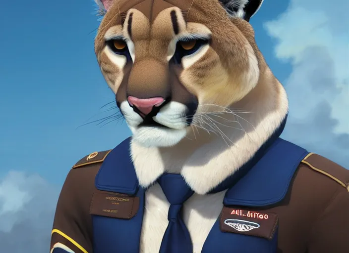 Prompt: character portrait feature of the anthro female anthropomorphic puma bobcat mountain lion fursona wearing airline pilot outfit uniform professional pilot for delta airlines character design stylized by charlie bowater, ross tran, artgerm, and makoto shinkai, detailed, soft lighting, rendered in octane, peru in background