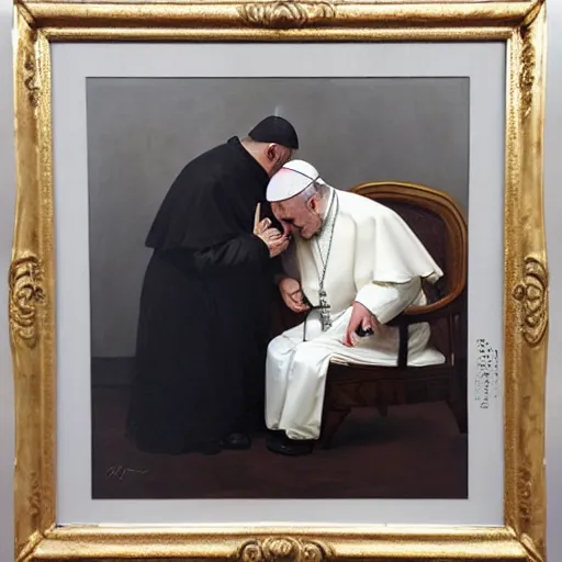 Image similar to Pope Francis sitting on a chair and crying while a black and white cat sits on his lap, realistic oil painting, painted by Roberto Ferri