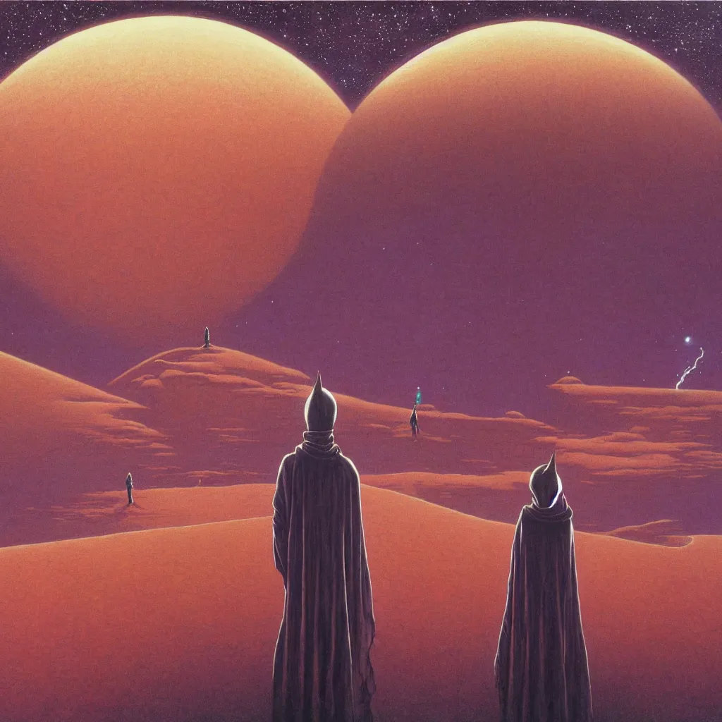 Image similar to high detailed lone person looking to its dying planet on a progressive rock 70s 80s album cover style by Barry Godber, oil paint on canvas, moebius, incal, realistic art, evangelion third impact inspired, dune, pulp magazines cover art, Eliran Kantor, sand and desert environment, Eloy band, cinematic, unreal engine, high quality, eerily beautiful, cgsociety, 4K, UHD, Zdzisław Beksiński, by George Caleb Bingham and Donato Giancola and Bob Eggleton, trending on ArtStation