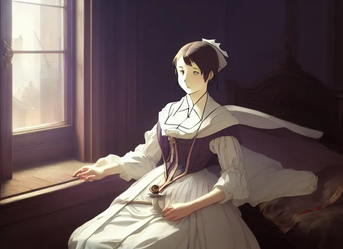 Image similar to victorian britain 1 8 3 6, 1 6 year old florence nightingale, has a vision from god, dream like, night, single candle, luxurious bedroom, finely detailed perfect art, gapmoe yandere grimdark, trending on pixiv fanbox, painted by greg rutkowski makoto shinkai takashi takeuchi studio ghibli