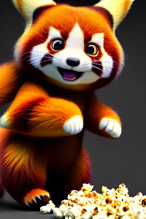 Image similar to high quality 3 d render hyperrealist very cute happy red panda & cat hybrid stuffing face with popcorn, vray smooth, in the style of detective pikachu, very dramatic light, low angle, uhd 8 k, shallow depth or field