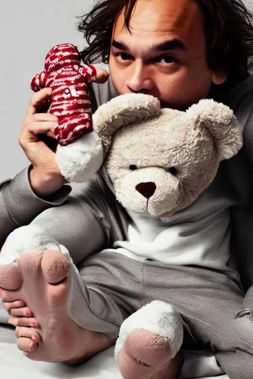 Image similar to frank dillane wearing pajamas with feet and holding a teddy bear, sleepy, adorable, cute, intricate, detailed, trending on artstation, coherent