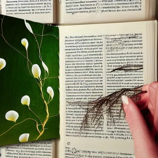 Image similar to “ very photorealistic photo of vines growing out of a woman ’ s book as she sleeps, award - winning details ”