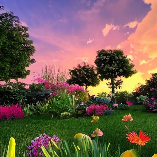 Prompt: A beautiful (((garden))), with a variety of (((colorful))) flowers and ((lush)) green (plants), set against a backdrop of a stunning sunset, trending on artstation, artstationHD, artstationHQ, photorealistic imagery, 3D art, 4k, 8k