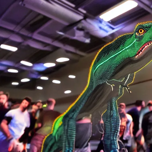 Image similar to photorealistic velicoraptor at a techno party