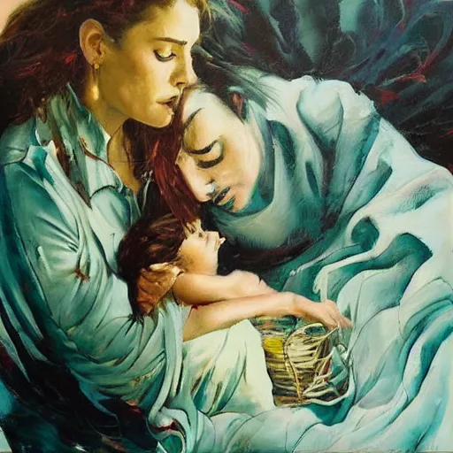 Prompt: by john larriva, by aaron horkey emotive. a beautiful painting harmony of colors, simple but powerful composition. a scene of peaceful domesticity, with a mother & child in the center, surrounded by a few simple objects. colors are muted & calming, serenity & calm.