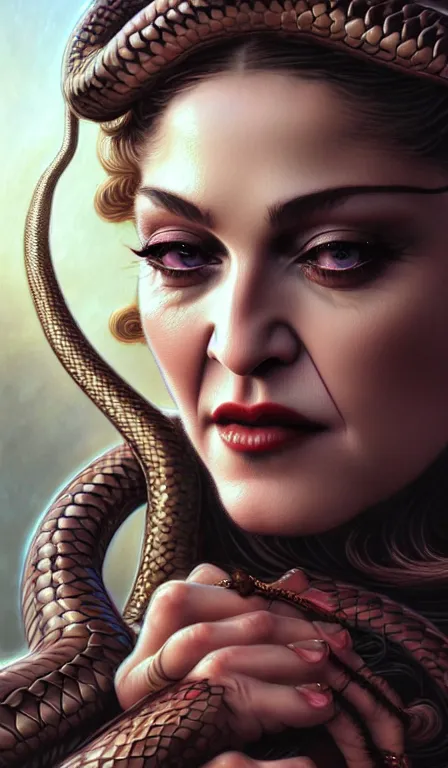 Image similar to Madonna, the singer, as Medusa snakehair closeup, D&D, fantasy, intricate, elegant, highly detailed, digital painting, artstation, concept art, matte, sharp focus, illustration, hearthstone, art by Artgerm and Greg Rutkowski and Alphonse Mucha tarotcard