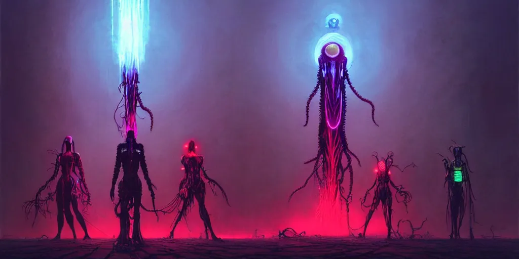 Prompt: witches and robots and indigenous women warriors saving the country from cthulu lovecraftian aliens, neon colors, cyberpunk, concept art by zdzislaw beksinski, cinematic, key art, high quality, hyper realism, high detail, octane render