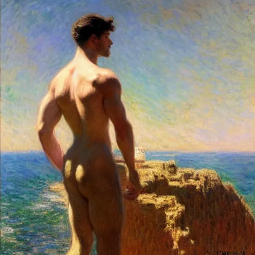 Prompt: an attractive male standing on a cliff, clothed!!!!, looking out at the ocean, by gaston bussiere, craig mullins, j. c. leyendecker, claude monet