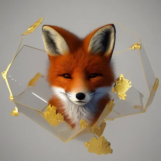 Image similar to a cute baby fox made out of gold and marble fur, fractal, intricate details, octane render, ornate