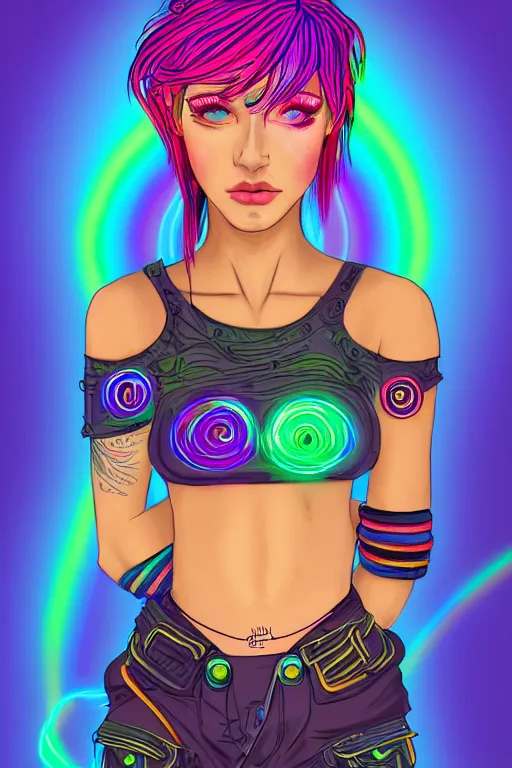 Image similar to a award winning portrait of a beautiful woman with stunning eyes in a one off shoulder croptop and cargo pants with rainbow colored hair, outlined by whirling illuminated neon lines and fine lines swirling in circles by ossdraws, digital art, trending on artstation