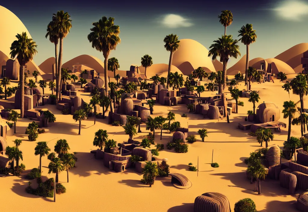 Image similar to futuristic village in a desert, painting, palm trees, octane render, 4 k, rocks, bondfire, anime sky