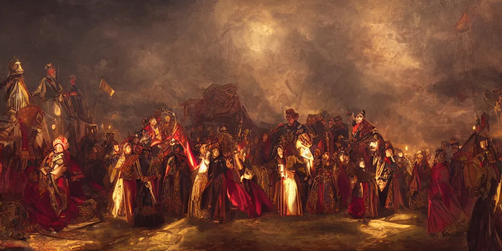 Image similar to Empress Sisi in a group of angry peasants at night, epic lighting, digital art