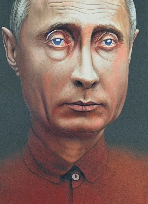 Image similar to Painting in a style of Beksinski featuring Vladimir Putin