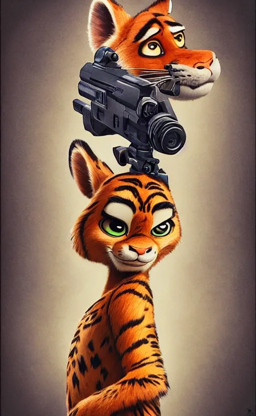 Image similar to “portrait of tiger in the style of the movie zootopia holding a laser gun, with a dark background behind him”