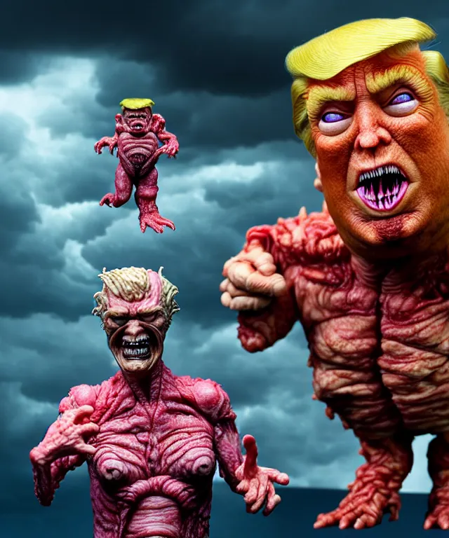 Image similar to hyperrealistic rendering, epic boss battle, cronenberg flesh monster donald trump, by art of skinner and richard corben, product photography, collectible action figure, sofubi, hottoys, storm clouds, outside, lightning