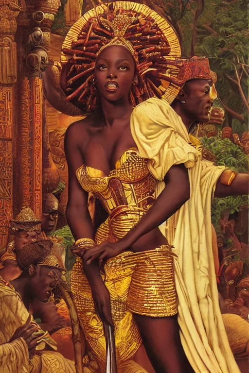 Image similar to an african goddess queen in a temple by gil elvgren and norman rockwell and rob gonsalves and hajime sorayama, hyperrealistic, high detail