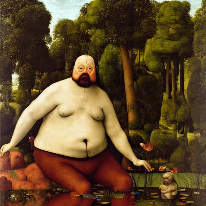 Prompt: man sitting in a pond, ceremonial, by ambrosius benson, by fernando botero, renaissance, epic composition, by giuseppe arcimboldo, discovering enlightenment