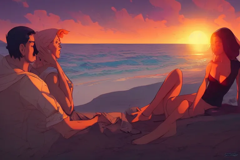 Prompt: a man watching the sunset with his wife by the beach in the style of artgerm, charlie bowater, atey ghailan and mike mignola, vibrant colors and hard shadows and strong rim light, plain background, comic cover art, trending on artstation