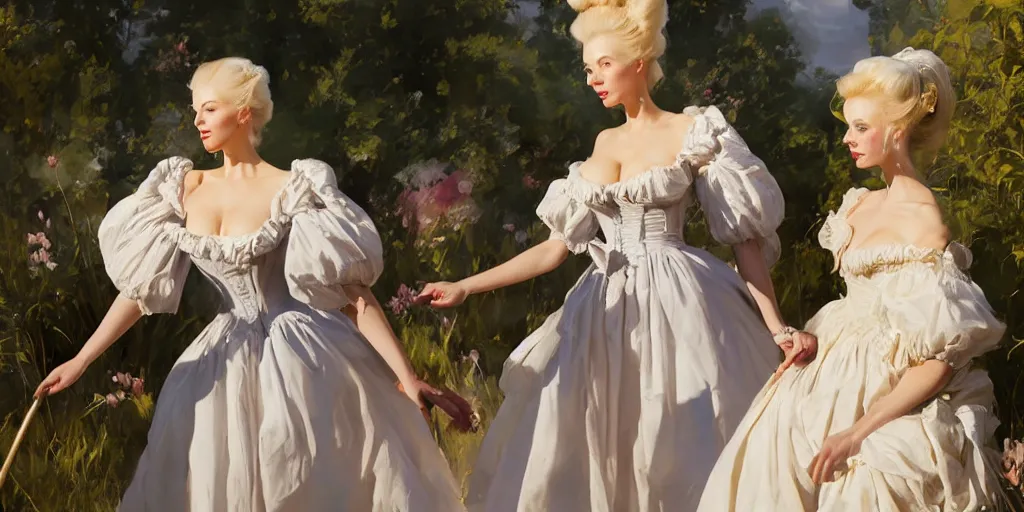 Prompt: three beautiful finnish norwegian attractive glamour models as marie antoinette wearing 1 7 th century french off - the - shoulder neckline bodice walking in a field sunny day, jodhpurs greg manchess painting by sargent and leyendecker, studio ghibli fantasy close - up shot asymmetrical intricate elegant matte painting illustration hearthstone, by greg rutkowski by greg tocchini by james gilleard
