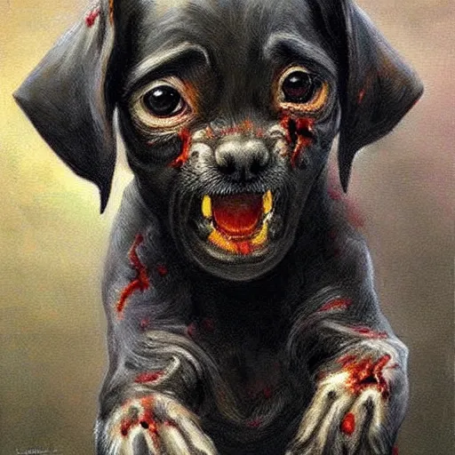 Image similar to a sinister zombie puppy. Painting by James Gurney
