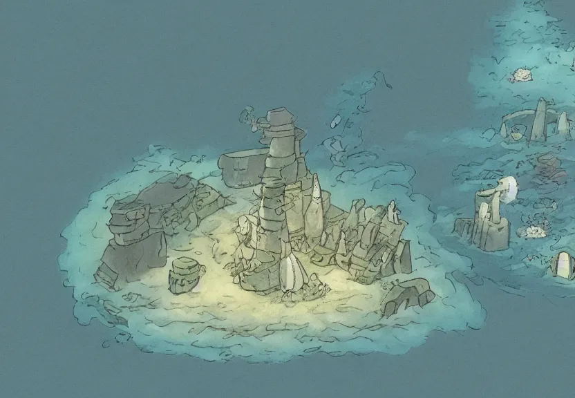 Image similar to a cell - shaded cartoon from howl'moving castle ( 2 0 0 4 ) showing stonehenge underwater at the bottom of the ocean. very dull muted colors, hd, 4 k, hq