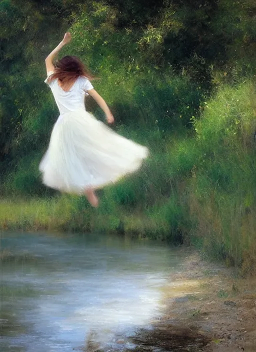 Prompt: There is a tree by the river, a girl wearing a white skirt swinging under the tree, by Vicente Romero Redondo