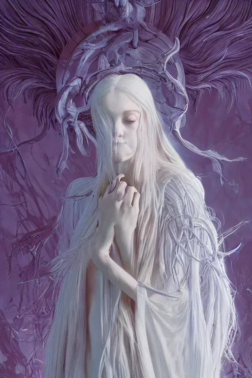 Prompt: the white lady in a dress with long hairs, art by James Jean and Wayne Barlowe, high detail, cinematic, cgsociety 8k