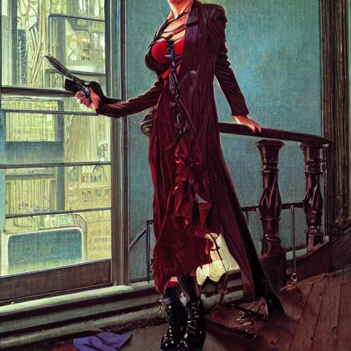 Image similar to portrait of an urban female vampire, with an unusual sense of fashion, by donato giancola and norman rockwell.